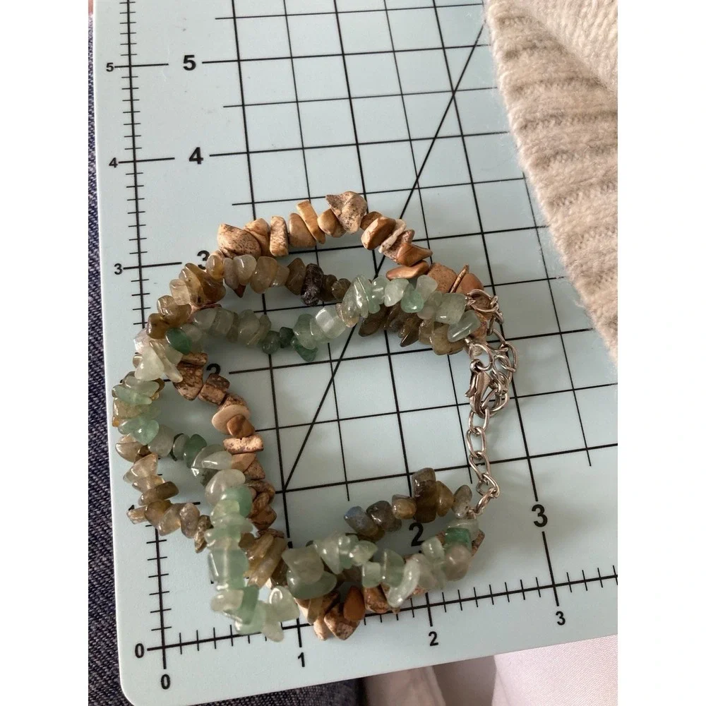 Natural Stone Chip Bead Bracelet Multi Strand Green Brown Semi Precious Gemstone